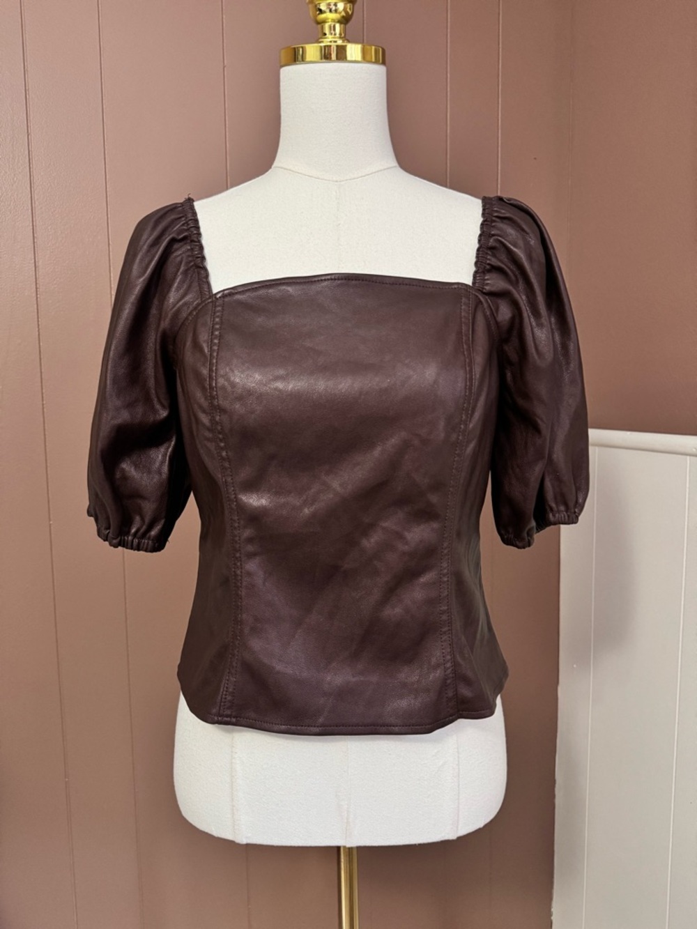 Marc New York Chocolate Brown Square Neck Puff Sleeve Faux Leather Top
